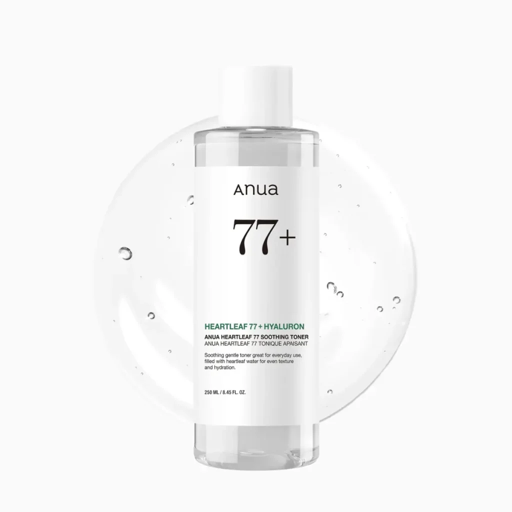 Anua Heartleaf 77% Soothing Toner displayed with a clear gel texture backdrop.