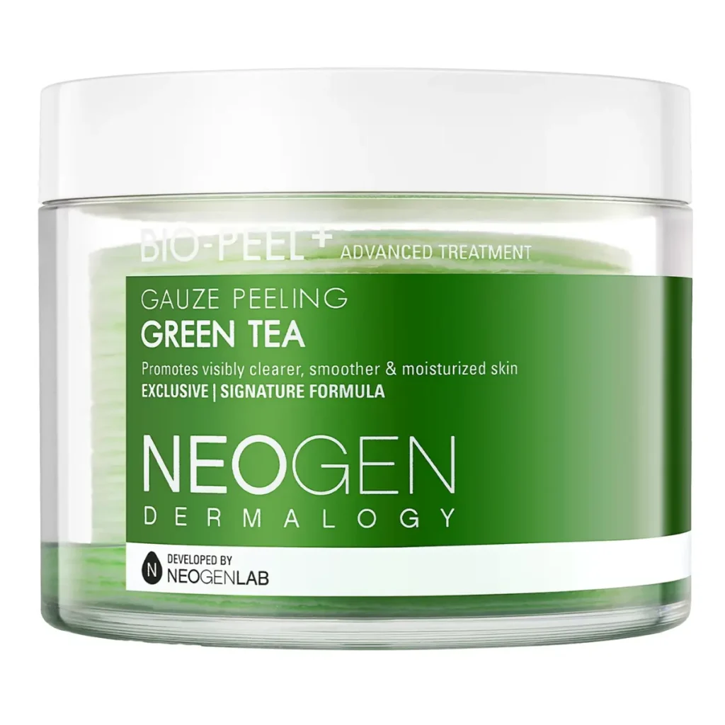 A Korean exfoliating pad by NEOGEN infused with green tea for mild, calming exfoliation.
