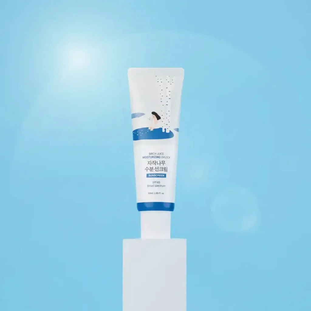 Round Lab Birch Juice Moisturizing Sunscreen SPF50+ standing against a bright blue background.