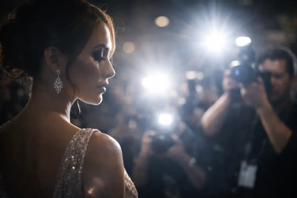 Makeup photographed under strong camera flashes, showing how lighting changes appearance on camera.