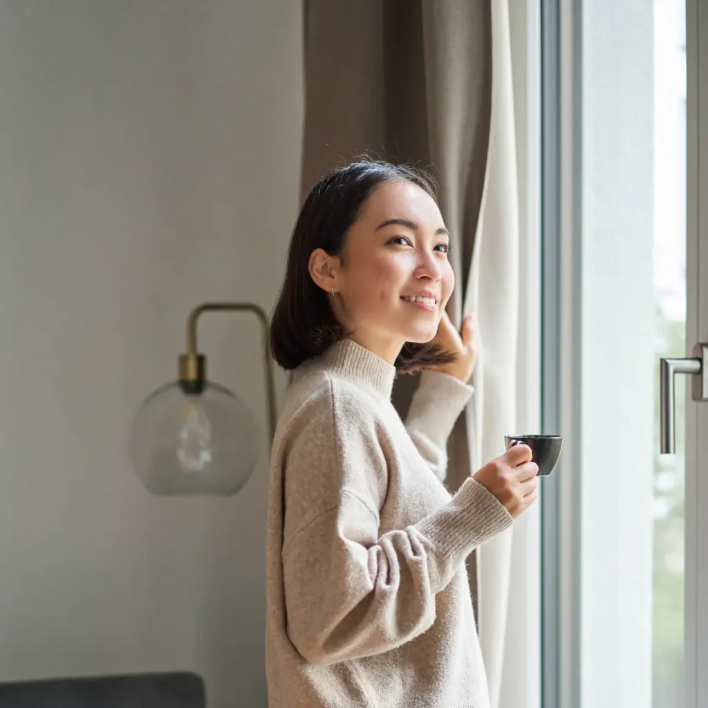 Makeup appearance under natural light near a window